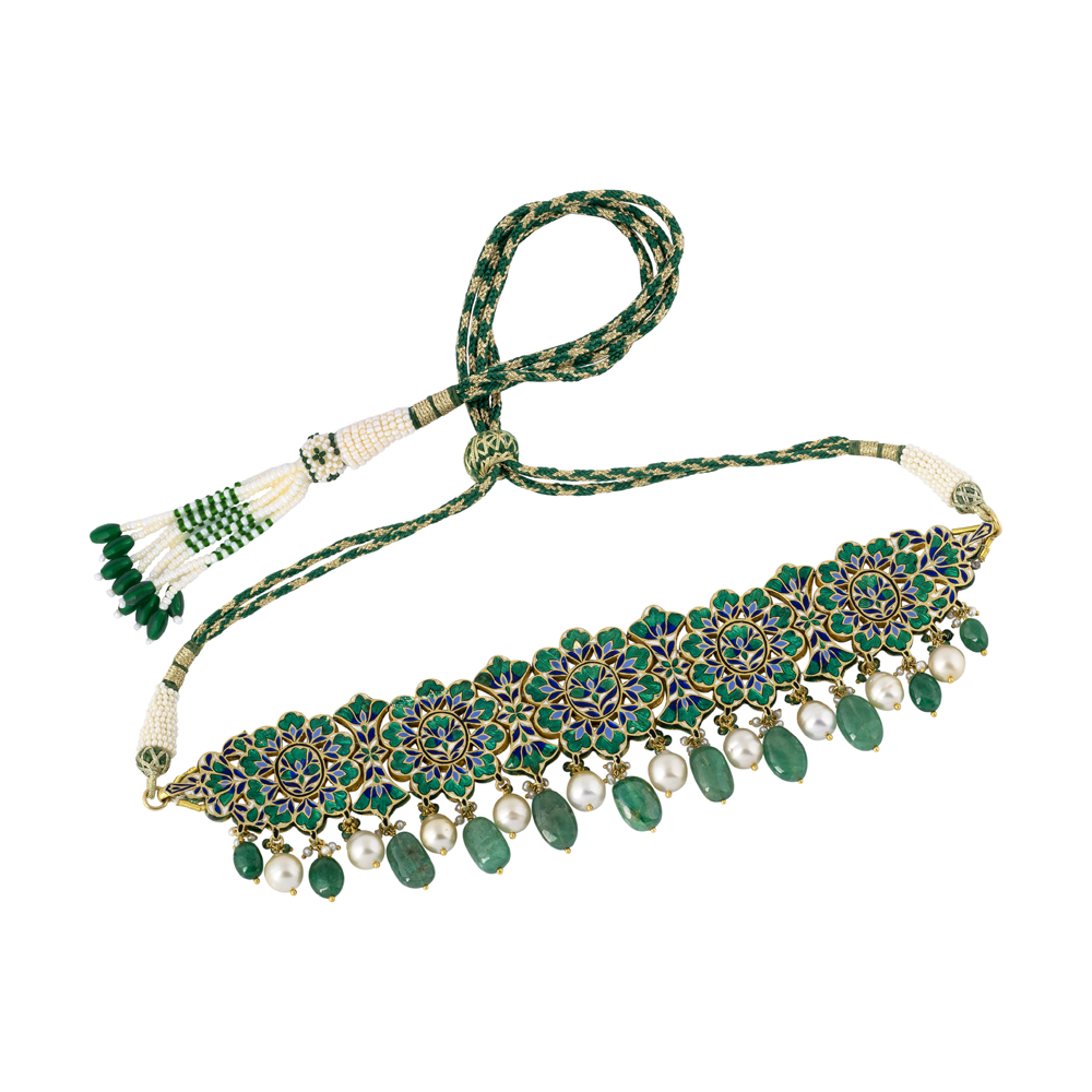 Floral Polki Choker with Green Talaf, Emerald & Pearl Drops